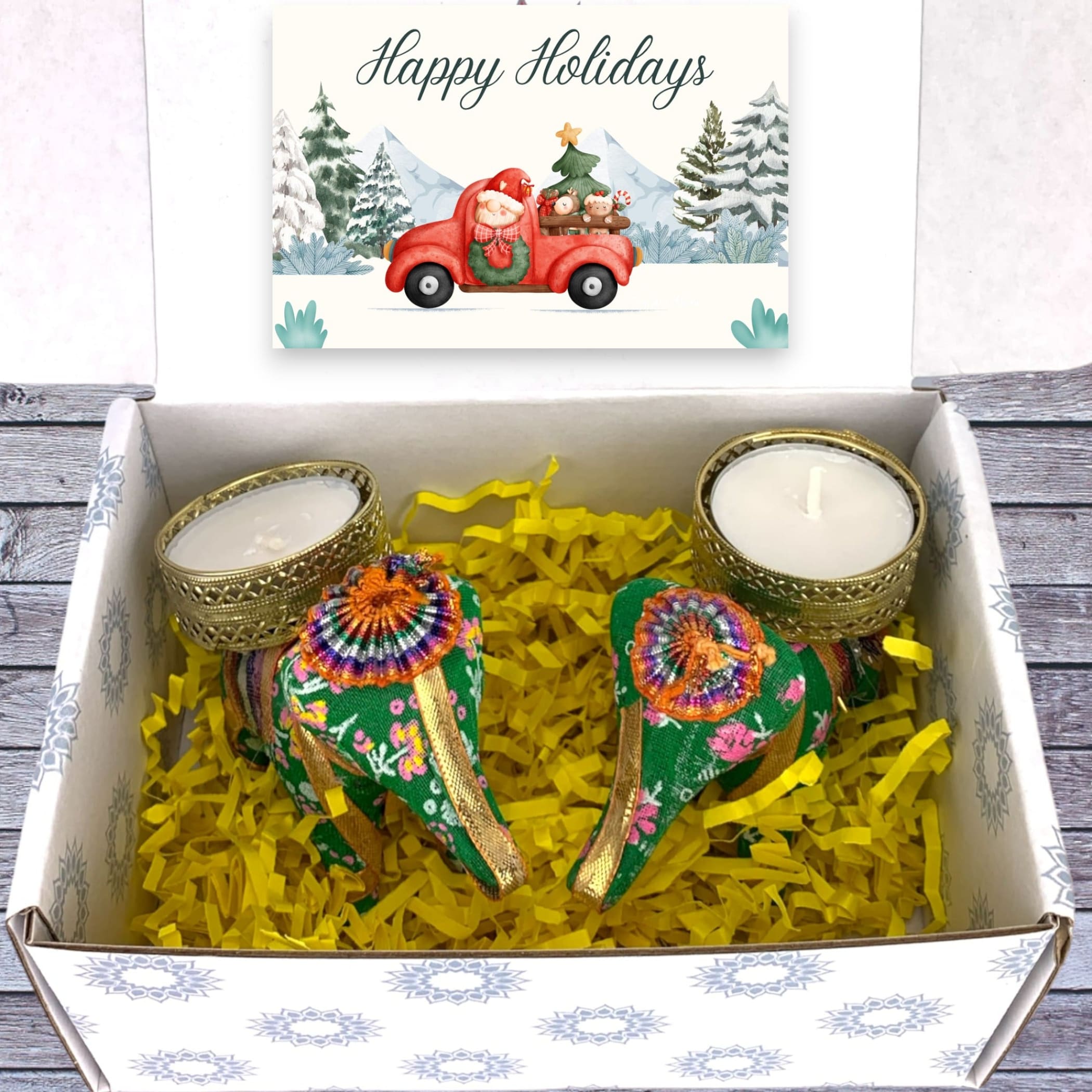 Christmas Gift Box, Happy Holiday Gift, Christmas Gift Set, Christmas Gift for Mom, Holiday Gift Hamper, 2 Yellow Candles - LoveNspire