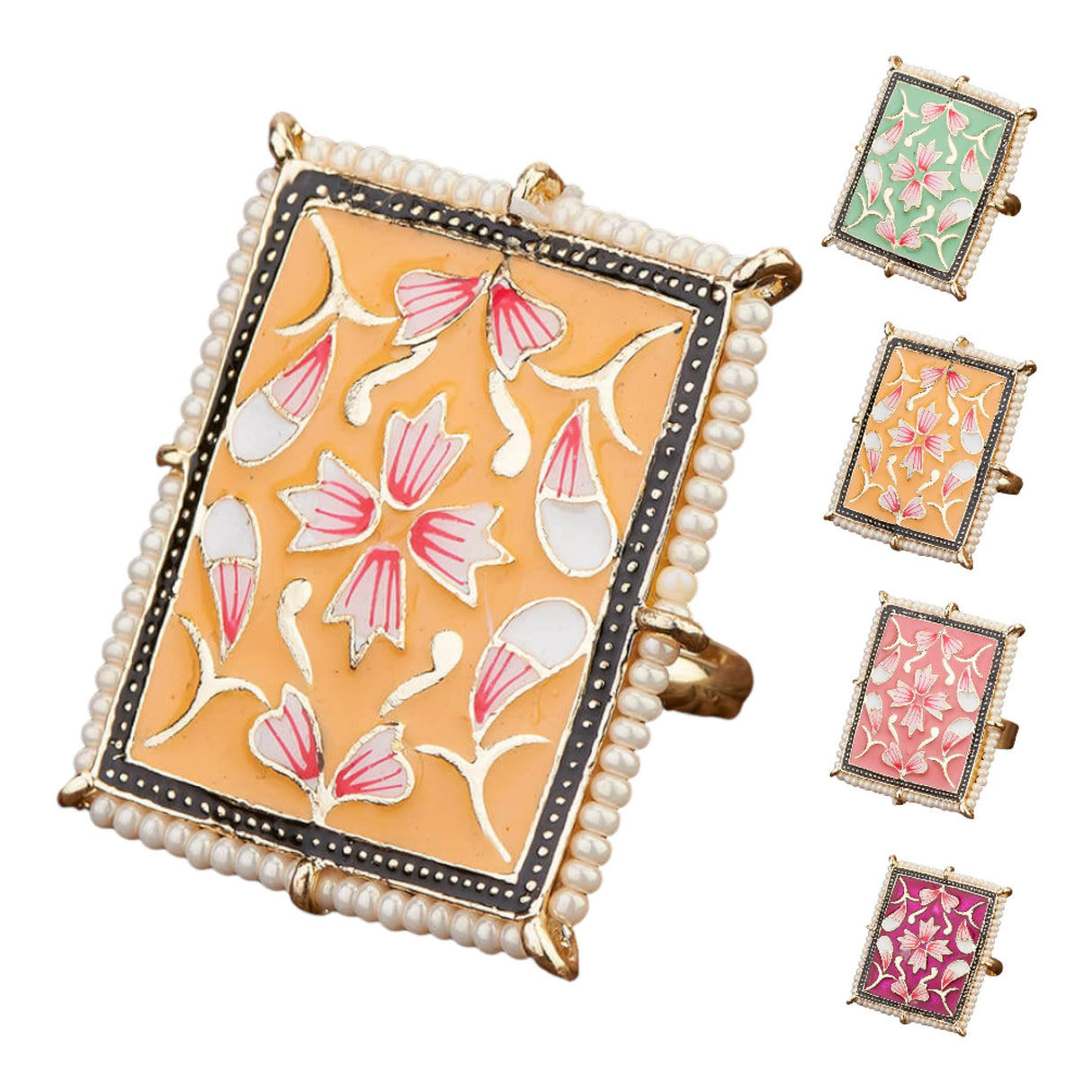 Classic Ring Meenakari Work Designer Adjustable Pearl Finger Ring for Women Minakari Ring with Gold Plating Statement Ring Boho Open Wrap Indian Bollywood Jewelry for Wedding Party - LoveNspire