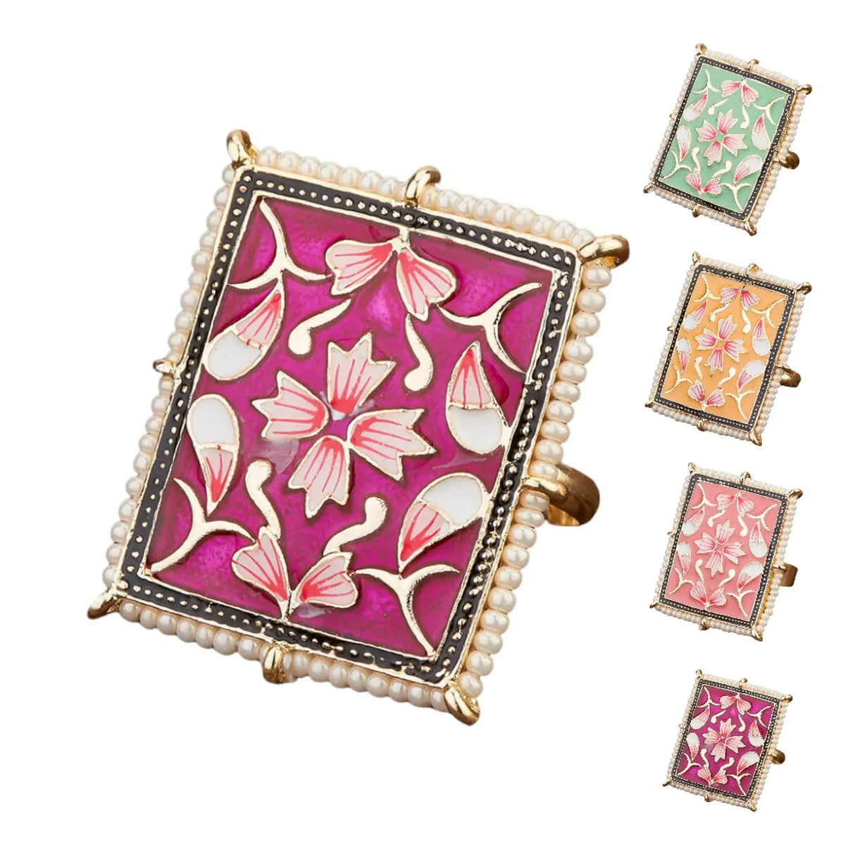 Classic Ring Meenakari Work Designer Adjustable Pearl Finger Ring for Women Minakari Ring with Gold Plating Statement Ring Boho Open Wrap Indian Bollywood Jewelry for Wedding Party - LoveNspire