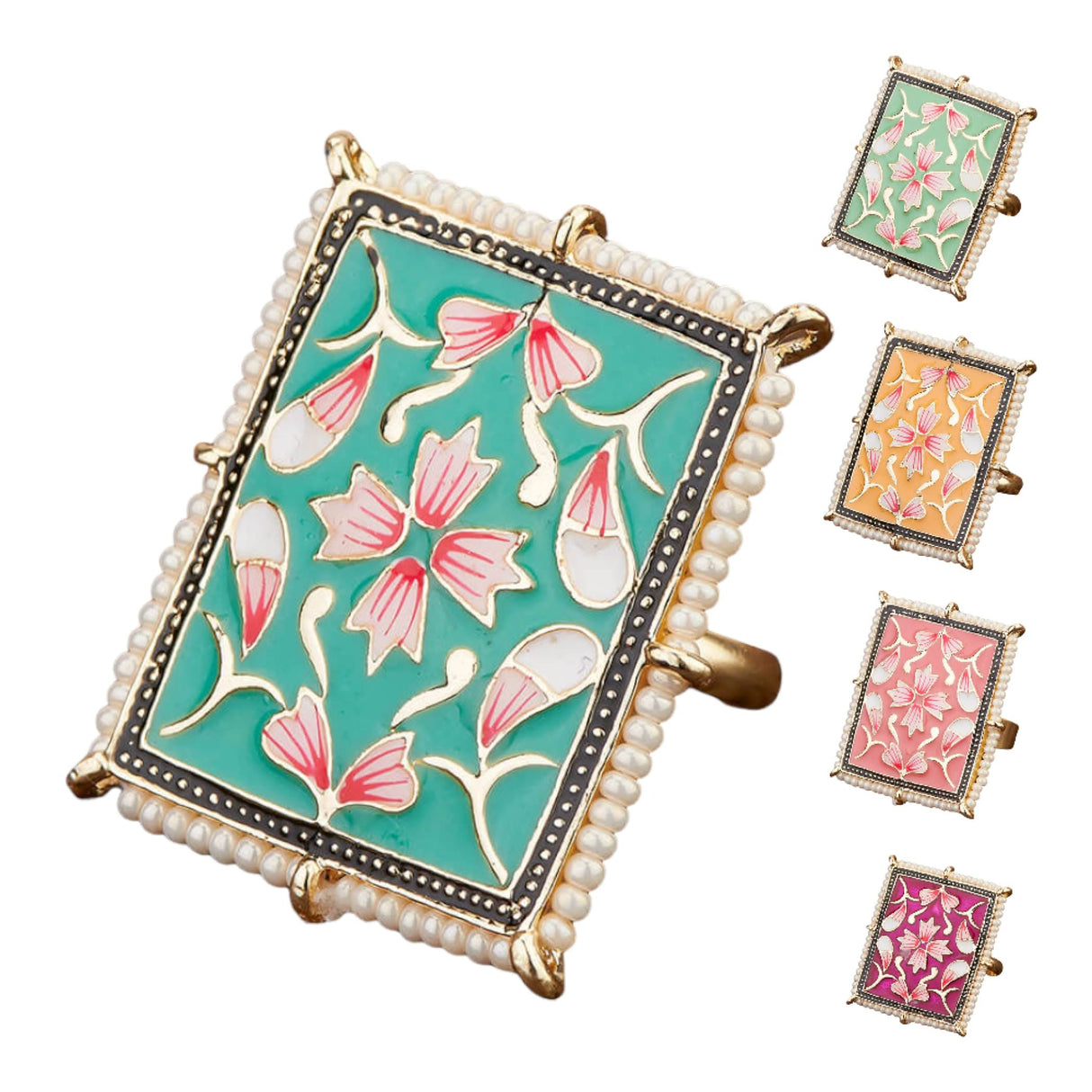 Classic Ring Meenakari Work Designer Adjustable Pearl Finger Ring for Women Minakari Ring with Gold Plating Statement Ring Boho Open Wrap Indian Bollywood Jewelry for Wedding Party - LoveNspire