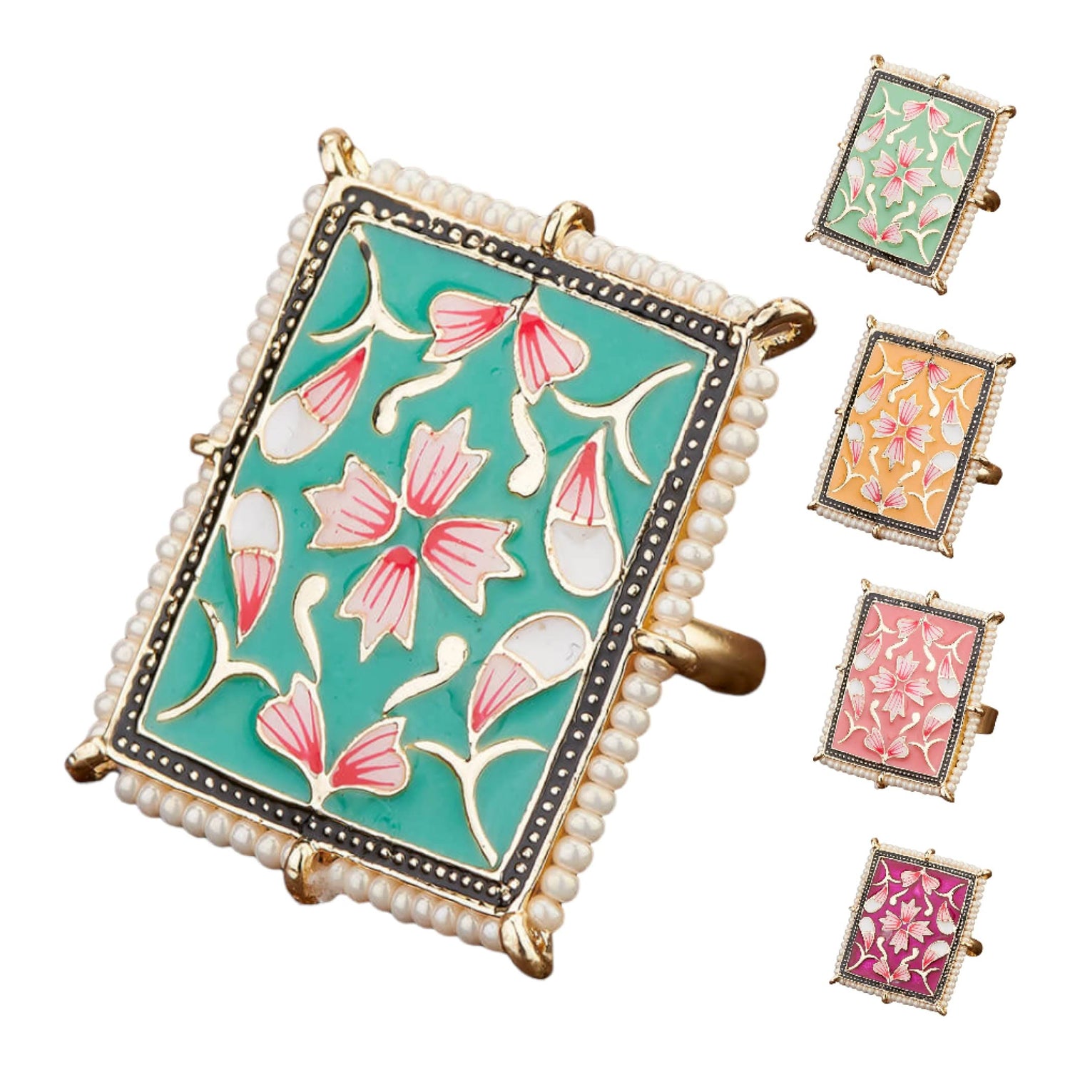 Classic Ring Meenakari Work Designer Adjustable Pearl Finger Ring for Women Minakari Ring with Gold Plating Statement Ring Boho Open Wrap Indian Bollywood Jewelry for Wedding Party - LoveNspire