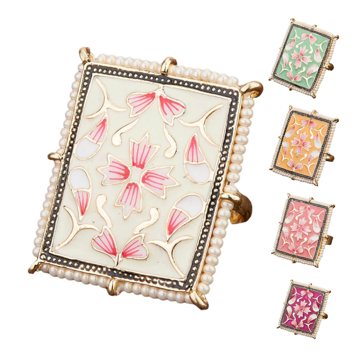 Classic Ring Meenakari Work Designer Adjustable Pearl Finger Ring for Women Minakari Ring with Gold Plating Statement Ring Boho Open Wrap Indian Bollywood Jewelry for Wedding Party - LoveNspire