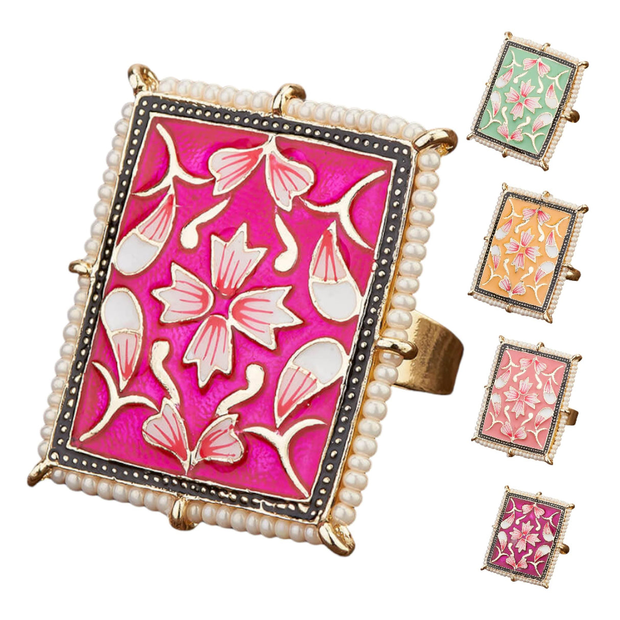 Classic Ring Meenakari Work Designer Adjustable Pearl Finger Ring for Women Minakari Ring with Gold Plating Statement Ring Boho Open Wrap Indian Bollywood Jewelry for Wedding Party - LoveNspire