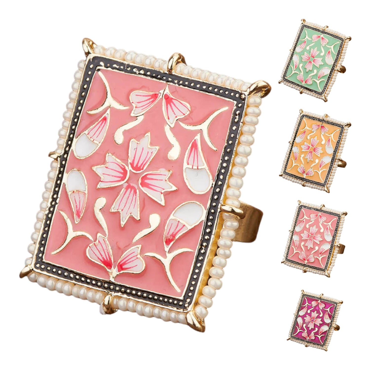 Classic Ring Meenakari Work Designer Adjustable Pearl Finger Ring for Women Minakari Ring with Gold Plating Statement Ring Boho Open Wrap Indian Bollywood Jewelry for Wedding Party - LoveNspire