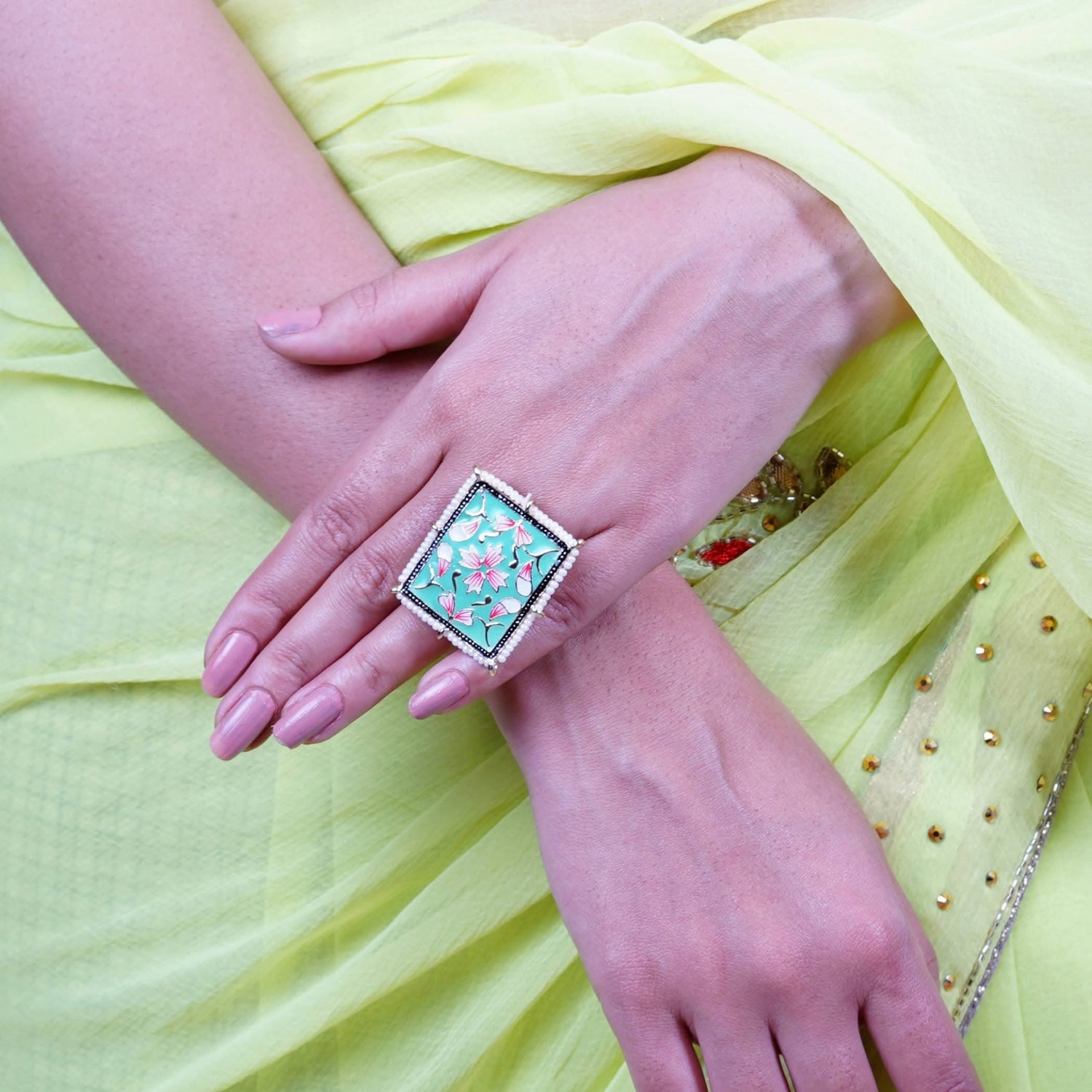 Classic Ring Meenakari Work Designer Adjustable Pearl Finger Ring for Women Minakari Ring with Gold Plating Statement Ring Boho Open Wrap Indian Bollywood Jewelry for Wedding Party - LoveNspire