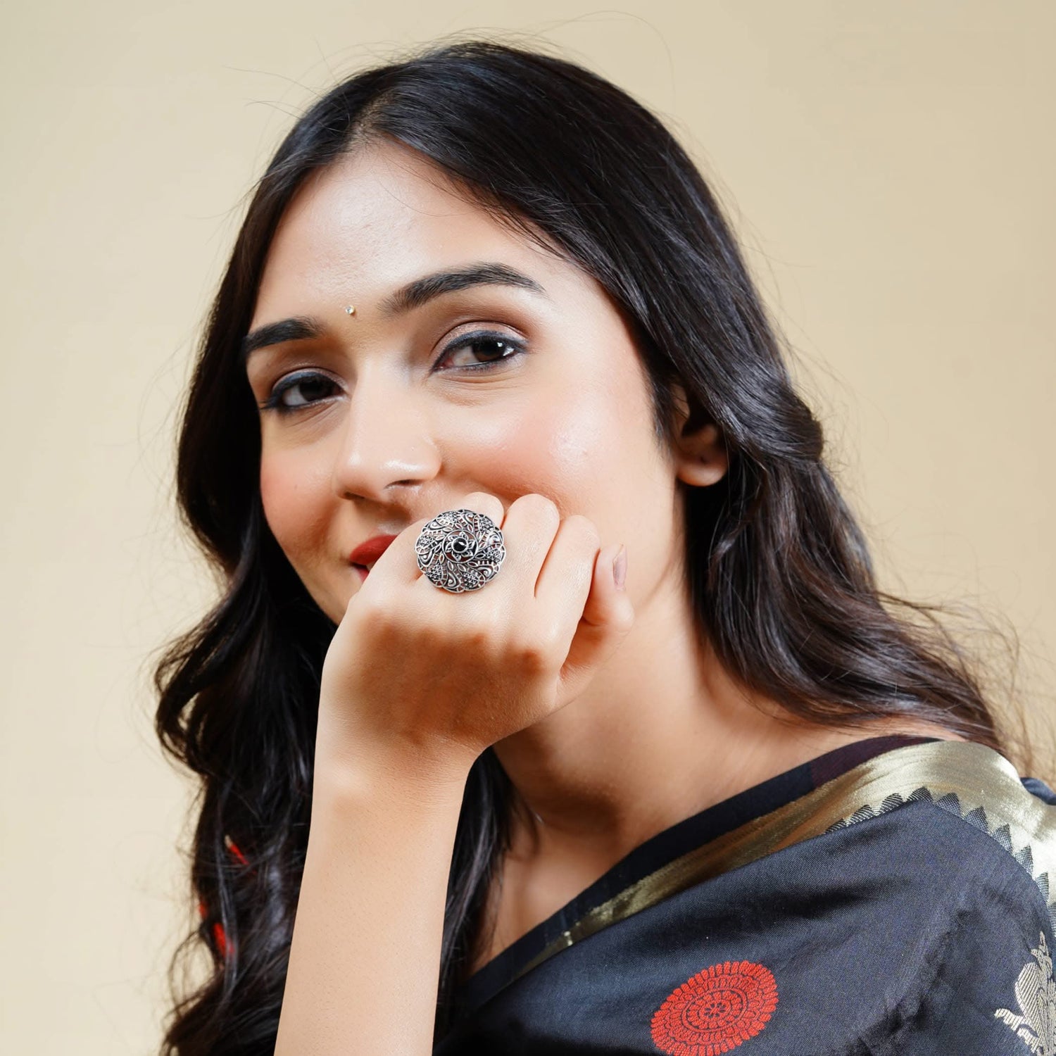 Classic Ring with Oxidised Plating Women Rings Open Wrap Finger Rings Adjustable Indian Bollywood Jewelry Antique Vintage Knuckle Boho Jewelry for Women - LoveNspire