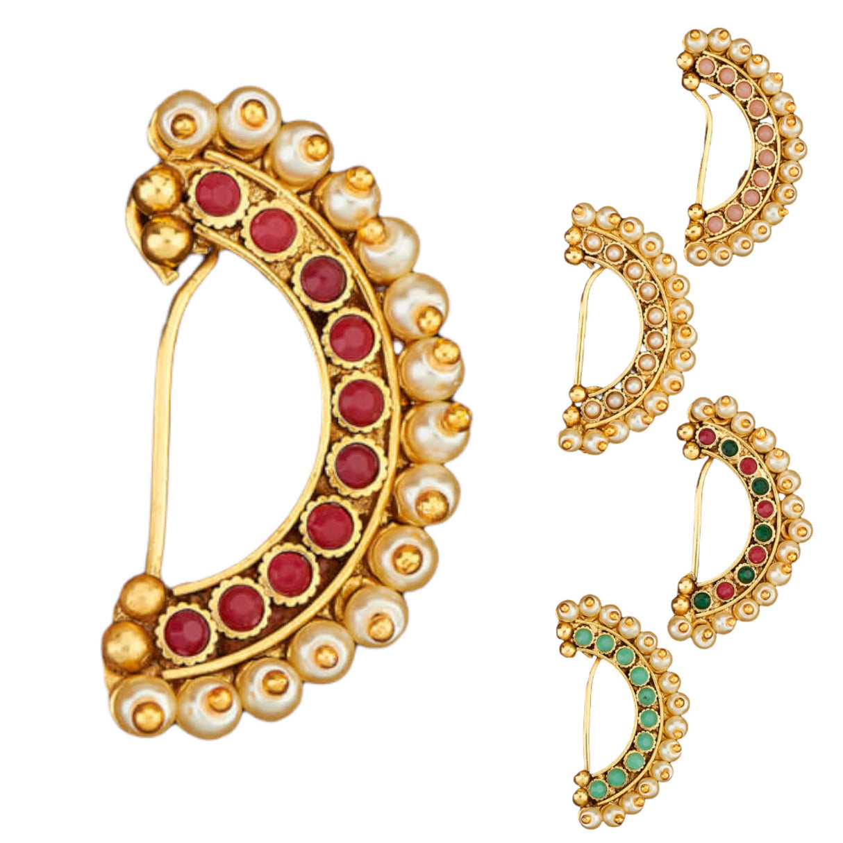 Indian Marathi Nath for Women - Antique Golden Pressing Moon Marathi Nose Ring Indian Jewelry Clip-On Marathi Bridal Nathani Bollywood Faux Pearl Non-Piercing Jewelry for Women Gift For Her - LoveNspire