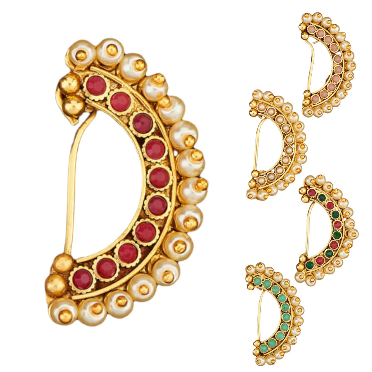 Indian Marathi Nath for Women - Antique Golden Pressing Moon Marathi Nose Ring Indian Jewelry Clip-On Marathi Bridal Nathani Bollywood Faux Pearl Non-Piercing Jewelry for Women Gift For Her - LoveNspire