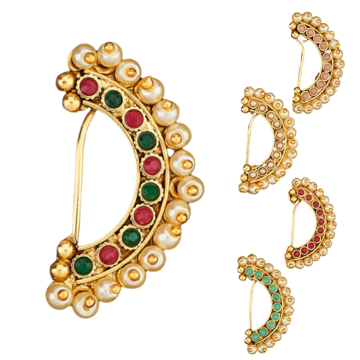 Indian Marathi Nath for Women - Antique Golden Pressing Moon Marathi Nose Ring Indian Jewelry Clip-On Marathi Bridal Nathani Bollywood Faux Pearl Non-Piercing Jewelry for Women Gift For Her - LoveNspire