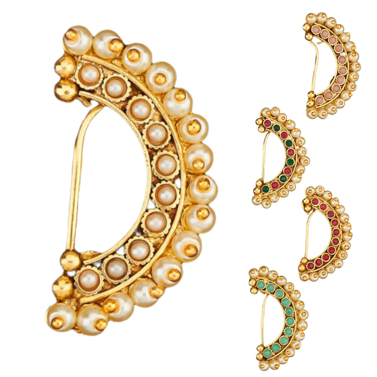 Indian Marathi Nath for Women - Antique Golden Pressing Moon Marathi Nose Ring Indian Jewelry Clip-On Marathi Bridal Nathani Bollywood Faux Pearl Non-Piercing Jewelry for Women Gift For Her - LoveNspire