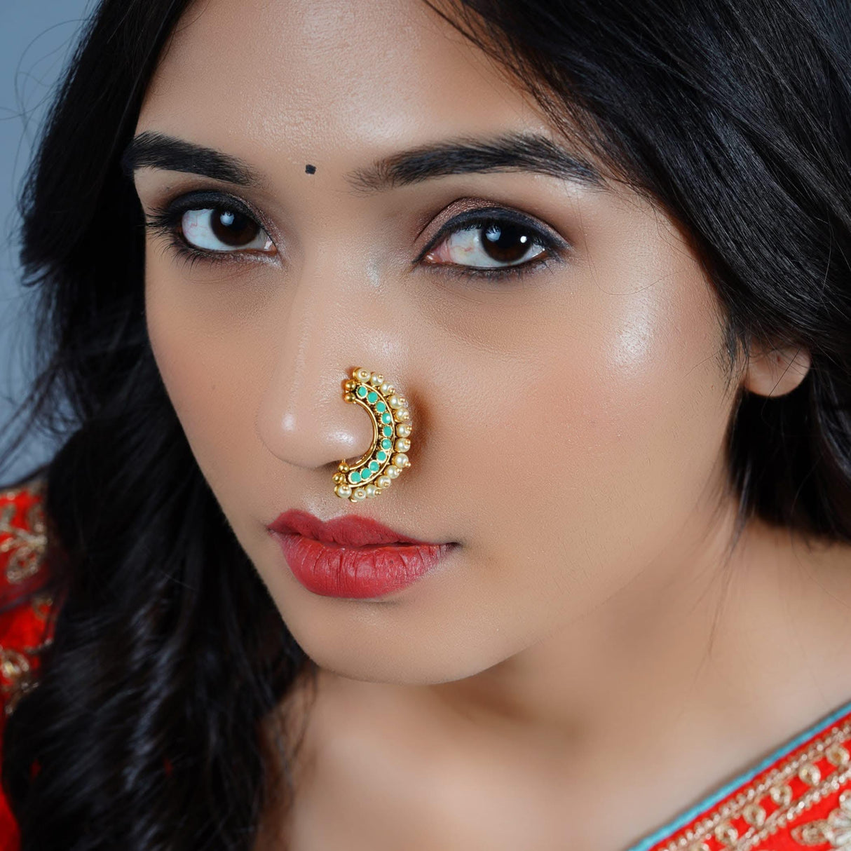 Indian Marathi Nath for Women - Antique Golden Pressing Moon Marathi Nose Ring Indian Jewelry Clip-On Marathi Bridal Nathani Bollywood Faux Pearl Non-Piercing Jewelry for Women Gift For Her - LoveNspire