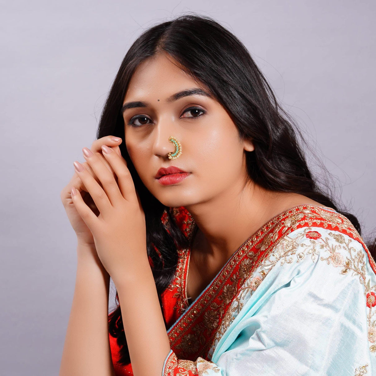 Indian Marathi Nath for Women - Antique Golden Pressing Moon Marathi Nose Ring Indian Jewelry Clip-On Marathi Bridal Nathani Bollywood Faux Pearl Non-Piercing Jewelry for Women Gift For Her - LoveNspire