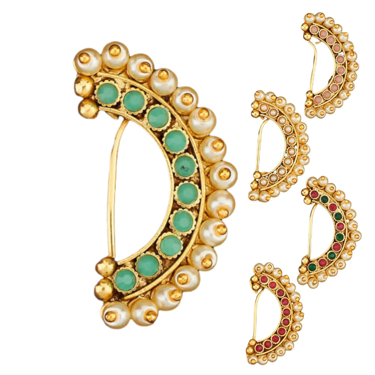 Indian Marathi Nath for Women - Antique Golden Pressing Moon Marathi Nose Ring Indian Jewelry Clip-On Marathi Bridal Nathani Bollywood Faux Pearl Non-Piercing Jewelry for Women Gift For Her - LoveNspire