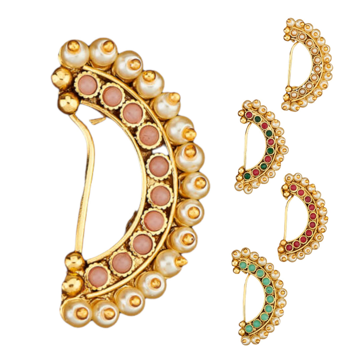 Indian Marathi Nath for Women - Antique Golden Pressing Moon Marathi Nose Ring Indian Jewelry Clip-On Marathi Bridal Nathani Bollywood Faux Pearl Non-Piercing Jewelry for Women Gift For Her - LoveNspire