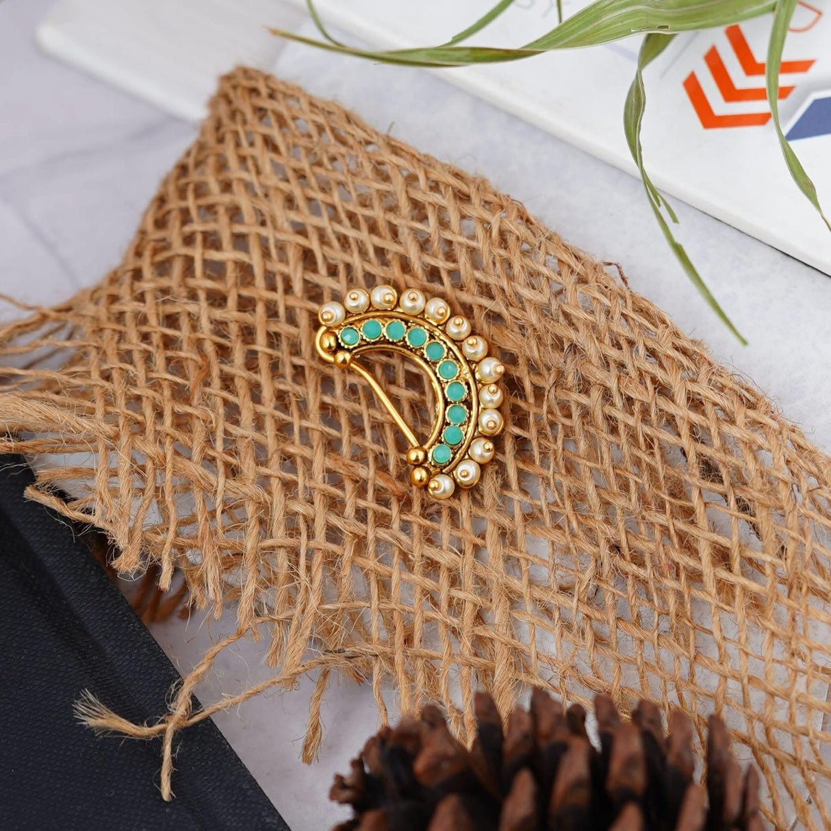 Indian Marathi Nath for Women - Antique Golden Pressing Moon Marathi Nose Ring Indian Jewelry Clip-On Marathi Bridal Nathani Bollywood Faux Pearl Non-Piercing Jewelry for Women Gift For Her - LoveNspire