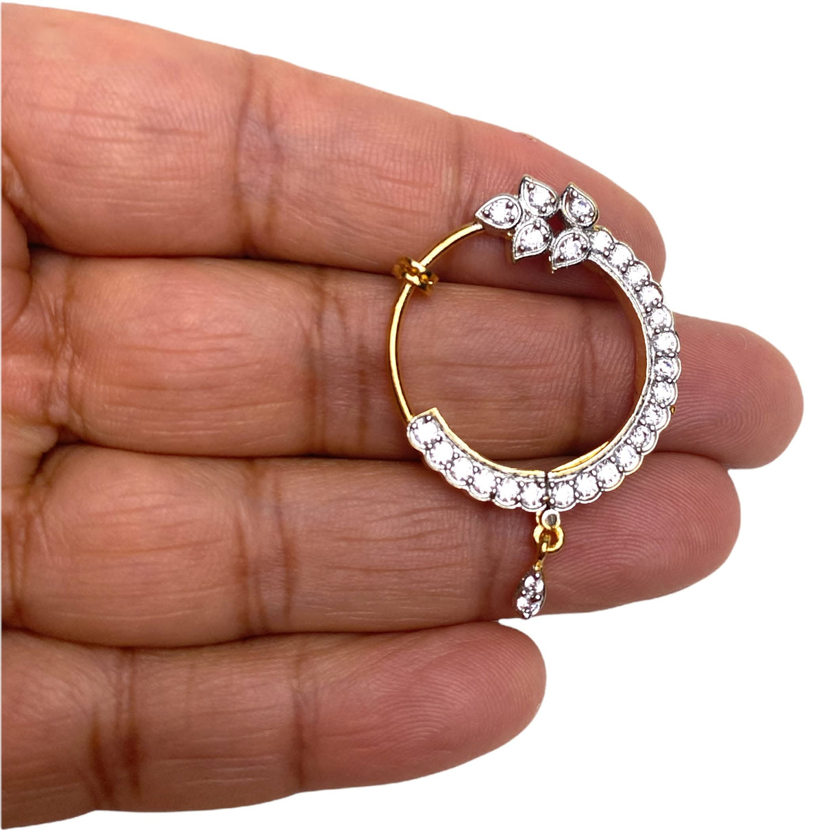 Cz Nose Ring with Rhodium Plating - Leaf Design Nosepin Jewelry for Women Teardrop Indian Nose Rings Hoops Non-Piercing Nose Pin Septum Ring Pressable Silver Bridesmaid Nath Gift for Her - LoveNspire