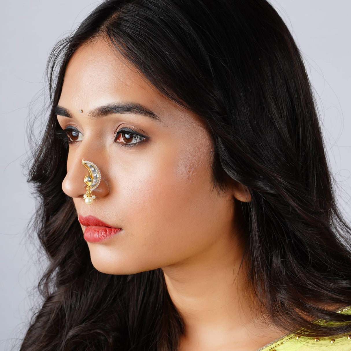 Kundan Classis Nose Ring for Women - Indian Marathi Bridal Nath Designer Moon Clip-on Nose Ring Faux Pearl with Gold Platting Bollywood Style Nath Non-Piercing Nose Accessory Gift for Her - LoveNspire