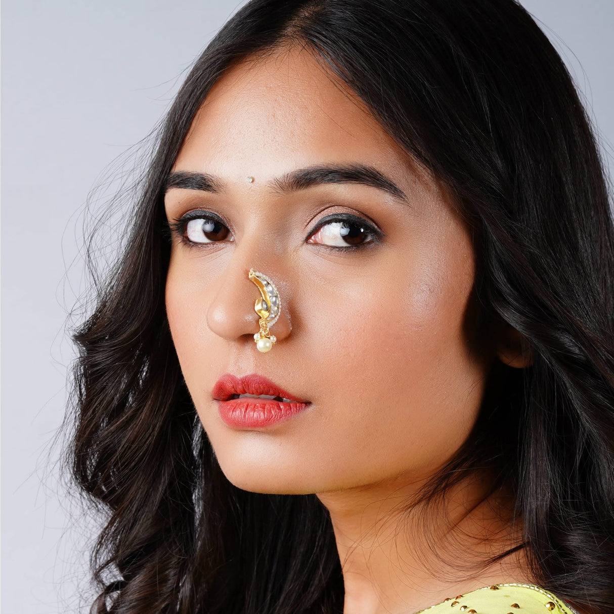 Kundan Classis Nose Ring for Women - Indian Marathi Bridal Nath Designer Moon Clip-on Nose Ring Faux Pearl with Gold Platting Bollywood Style Nath Non-Piercing Nose Accessory Gift for Her - LoveNspire