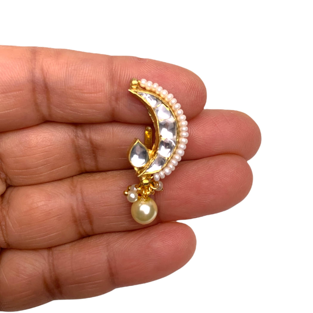 Kundan Classis Nose Ring for Women - Indian Marathi Bridal Nath Designer Moon Clip-on Nose Ring Faux Pearl with Gold Platting Bollywood Style Nath Non-Piercing Nose Accessory Gift for Her - LoveNspire