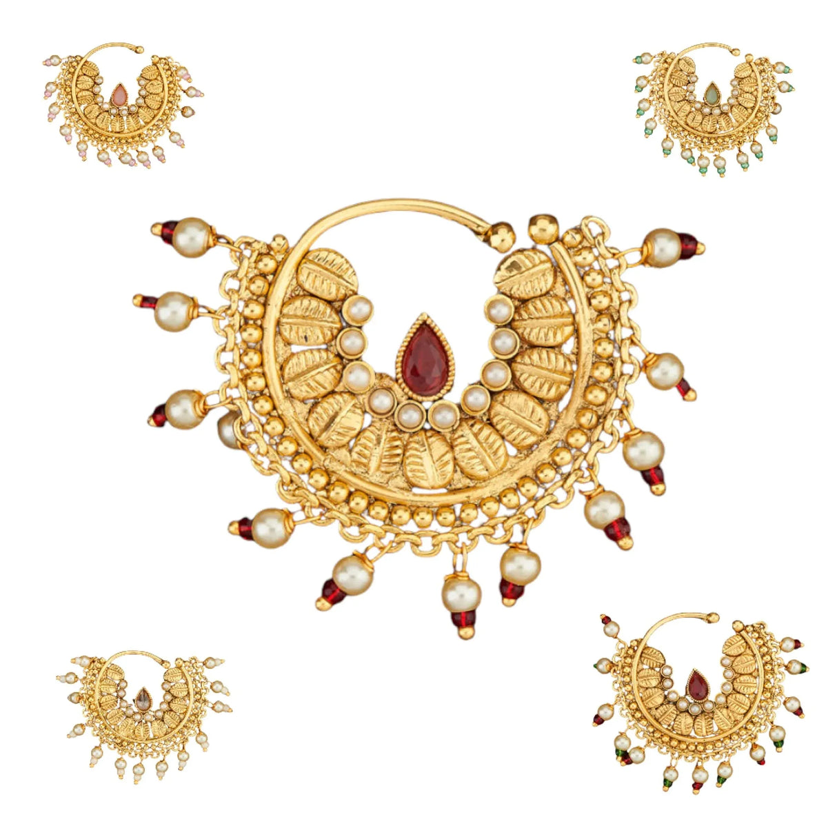 Indian Marathi Nath for Women - Antique Golden Pressing Loop Marathi Nose Ring Indian Jewelry Clip-On Marathi Bridal Nathani Bollywood Faux Pearl Non-Piercing Jewelry for Women Gift For Her - LoveNspire