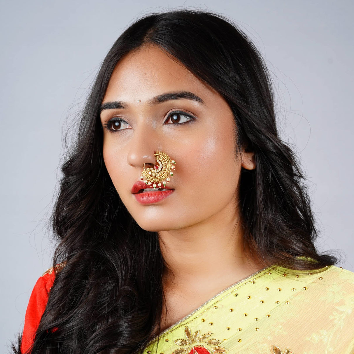 Indian Marathi Nath for Women - Antique Golden Pressing Loop Marathi Nose Ring Indian Jewelry Clip-On Marathi Bridal Nathani Bollywood Faux Pearl Non-Piercing Jewelry for Women Gift For Her - LoveNspire