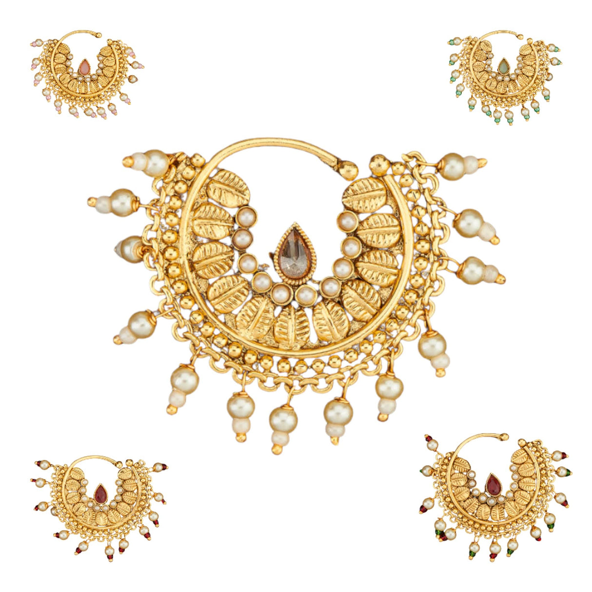 Indian Marathi Nath for Women - Antique Golden Pressing Loop Marathi Nose Ring Indian Jewelry Clip-On Marathi Bridal Nathani Bollywood Faux Pearl Non-Piercing Jewelry for Women Gift For Her - LoveNspire