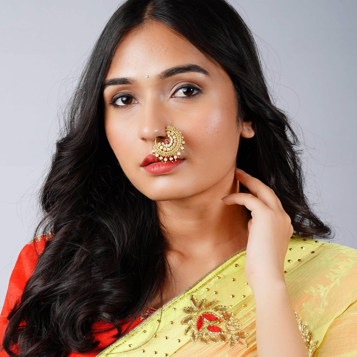 Indian Marathi Nath for Women - Antique Golden Pressing Loop Marathi Nose Ring Indian Jewelry Clip-On Marathi Bridal Nathani Bollywood Faux Pearl Non-Piercing Jewelry for Women Gift For Her - LoveNspire