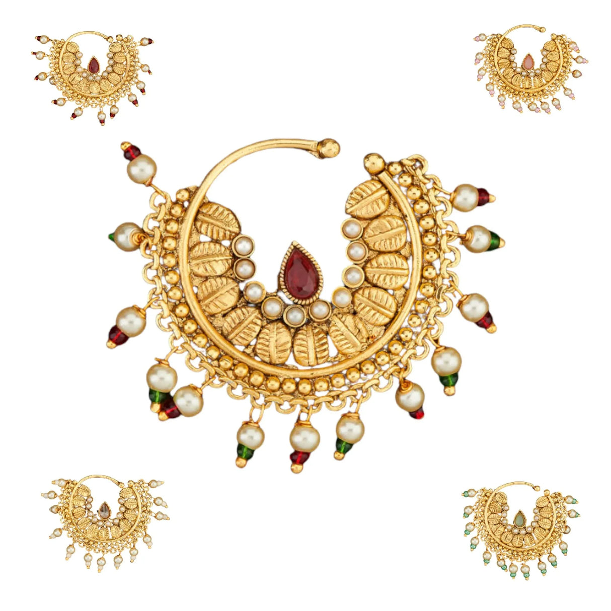 Indian Marathi Nath for Women - Antique Golden Pressing Loop Marathi Nose Ring Indian Jewelry Clip-On Marathi Bridal Nathani Bollywood Faux Pearl Non-Piercing Jewelry for Women Gift For Her - LoveNspire