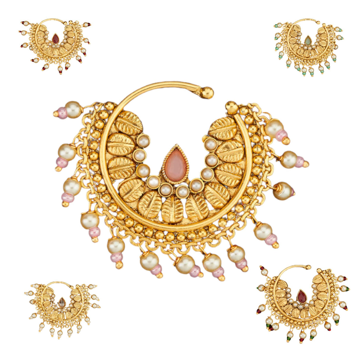 Indian Marathi Nath for Women - Antique Golden Pressing Loop Marathi Nose Ring Indian Jewelry Clip-On Marathi Bridal Nathani Bollywood Faux Pearl Non-Piercing Jewelry for Women Gift For Her - LoveNspire