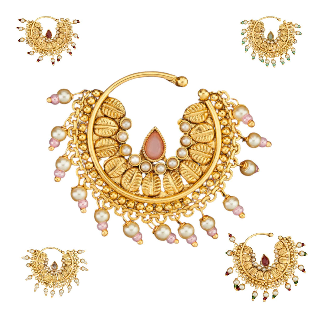 Indian Marathi Nath for Women - Antique Golden Pressing Loop Marathi Nose Ring Indian Jewelry Clip-On Marathi Bridal Nathani Bollywood Faux Pearl Non-Piercing Jewelry for Women Gift For Her - LoveNspire