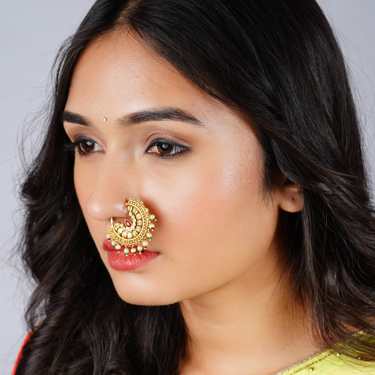 Indian Marathi Nath for Women - Antique Golden Pressing Loop Marathi Nose Ring Indian Jewelry Clip-On Marathi Bridal Nathani Bollywood Faux Pearl Non-Piercing Jewelry for Women Gift For Her - LoveNspire