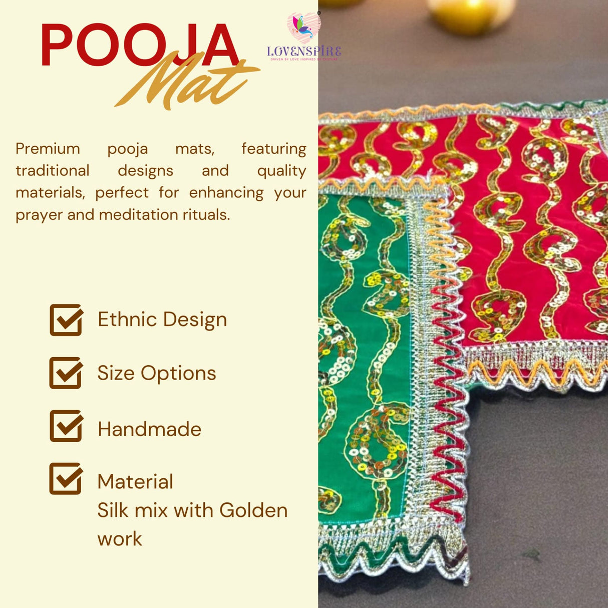 Cloth Pooja Mat Aasan Decorative Silk Mix Fabric Cloth for God Goddess Idol Puja Asan Mandir Temple Home Office Decor Base Chowki Asana Indian Festival Diwali Decoration - Housewarming Gift - LoveNspire