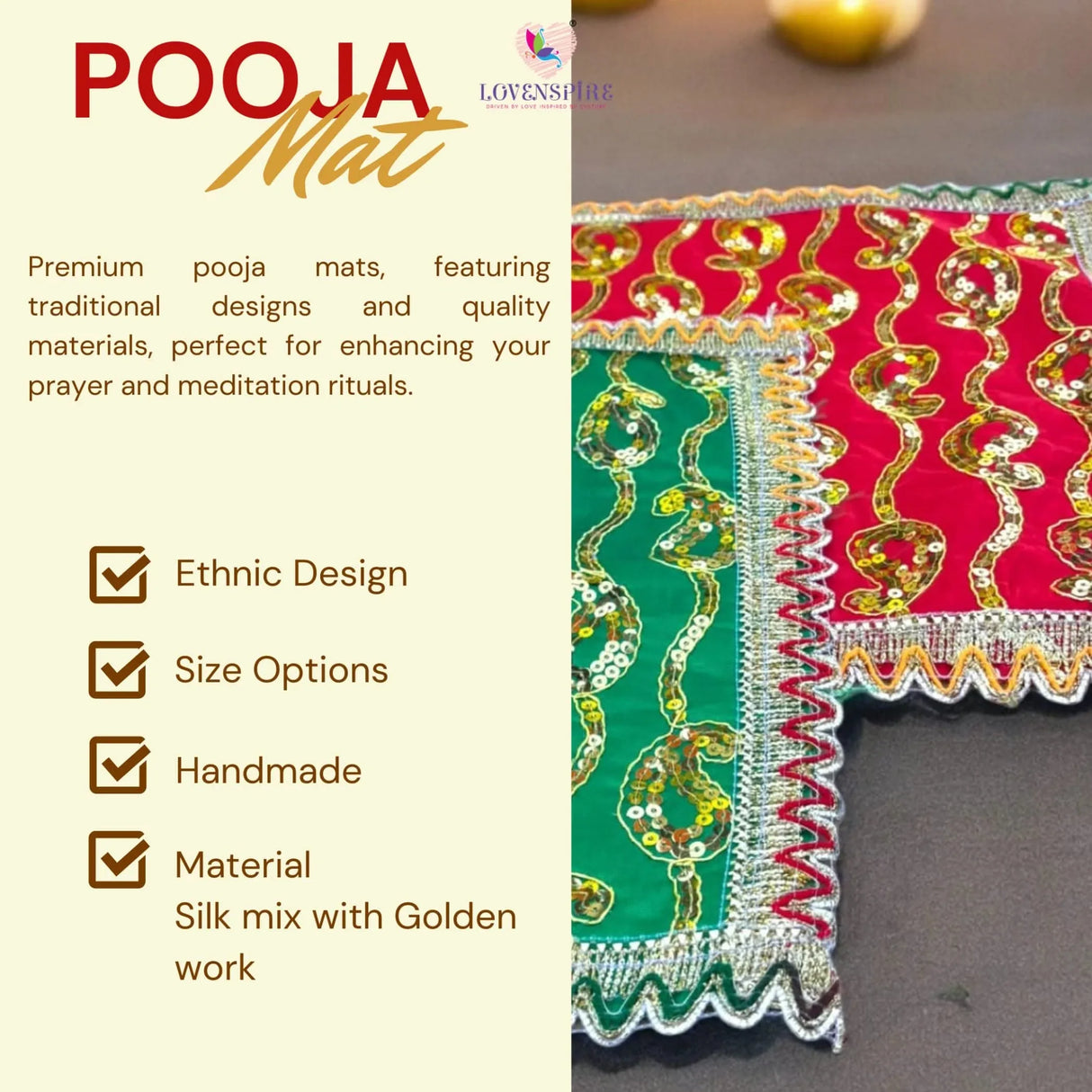 Cloth Pooja Mat Aasan Decorative Silk Mix Fabric Cloth for God Goddess Idol Puja Asan Mandir Temple Home Office Decor Base Chowki Asana Indian Festival Diwali Decoration - Housewarming Gift - LoveNspire