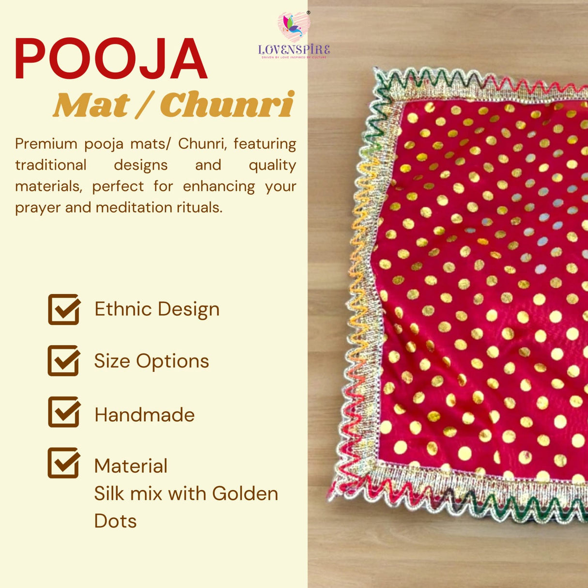 Cloth Pooja Mat Aasan Silk Mix Fabric Cloth for God Goddess Idol Puja Asan Mandir Temple Home Decor Base Chowki Asana Indian Festival Diwali Decoration Housewarming Gift Mata Ki Chunri - LoveNspire