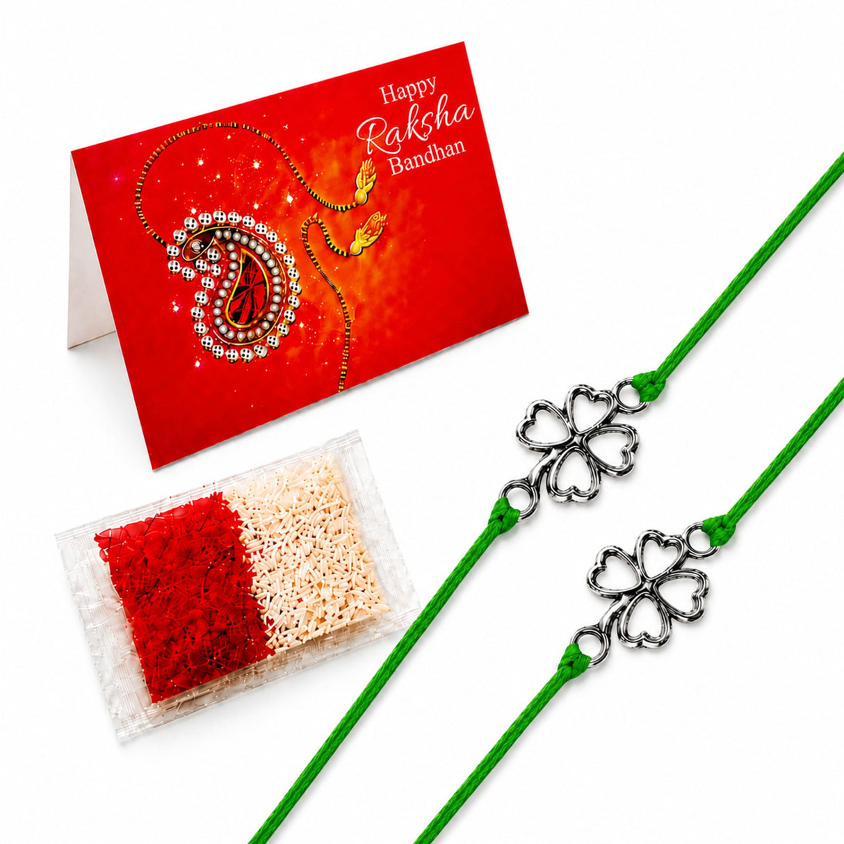 Green cord rakhi with silver four-leaf clover charms traditional raksha bandhan bracelet for protection and good luck