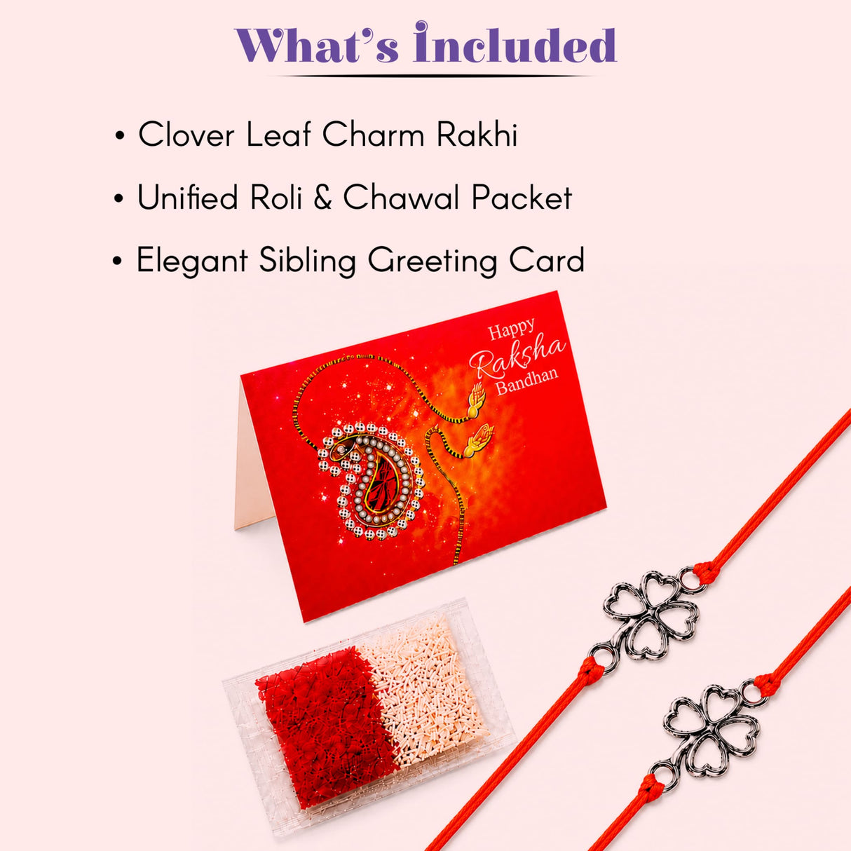 Red and gold happy raksha bandhan greeting card with beaded paisley design for clover leaf charm rakhi gift set