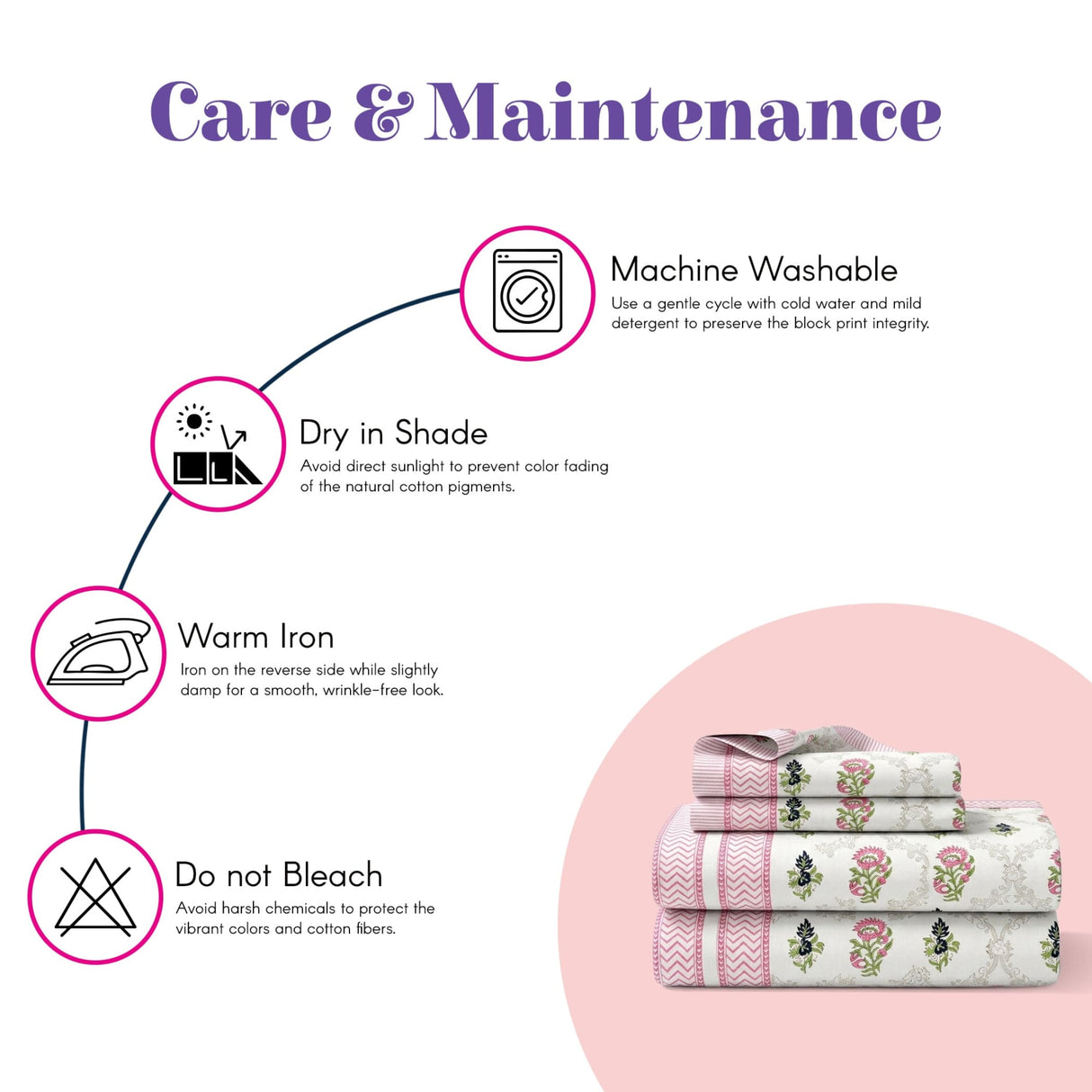 100% cotton Indian hand block printed sheets with floral zigzag pattern