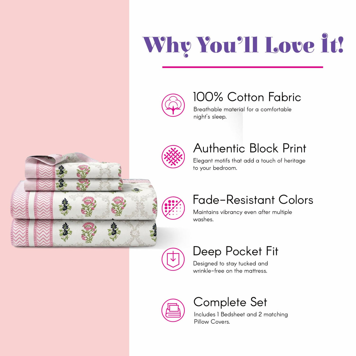 100% cotton sheets with Indian hand block printed ethnic floral lattice design