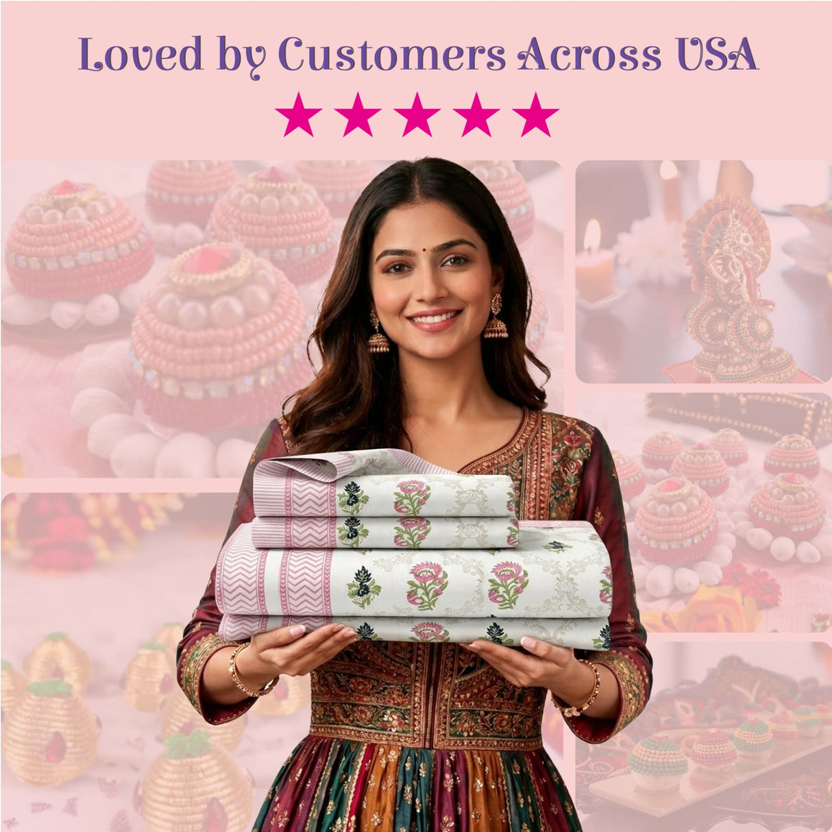 Woman in embroidered dress holds 100% cotton Indian block printed floral sheets