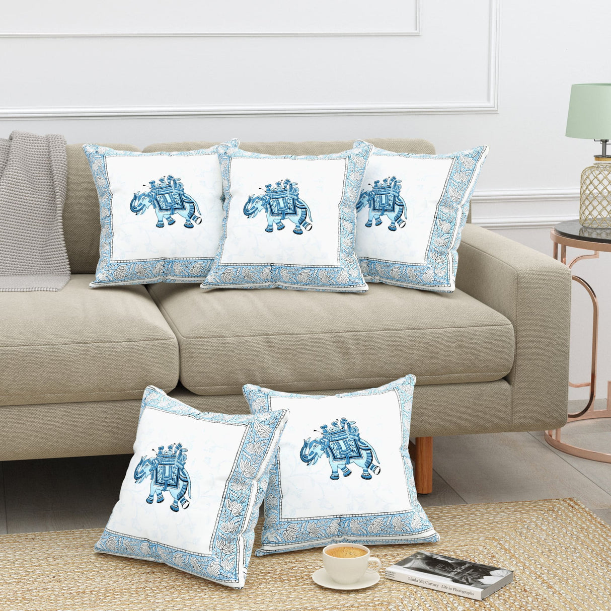 Set of 4 embroidered blue elephant 16x16 cotton pillow covers