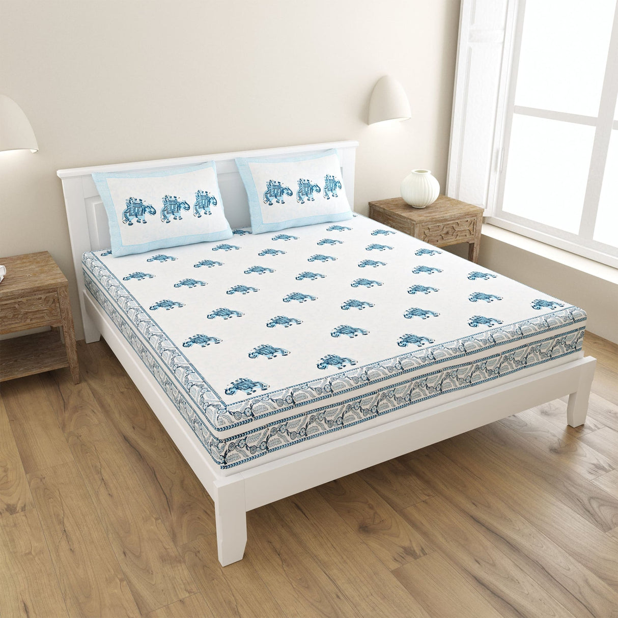 Indian hand block printed cotton sheet set with royal elephant design