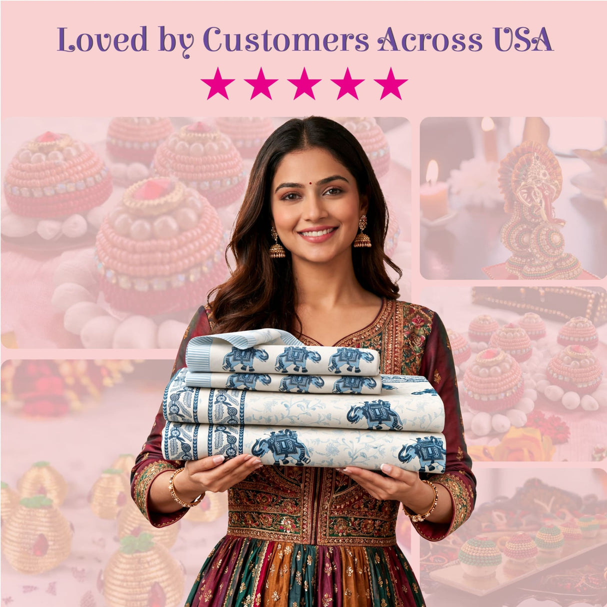 Woman in maroon gold dress holds 3 folded Indian elephant print cotton sheets