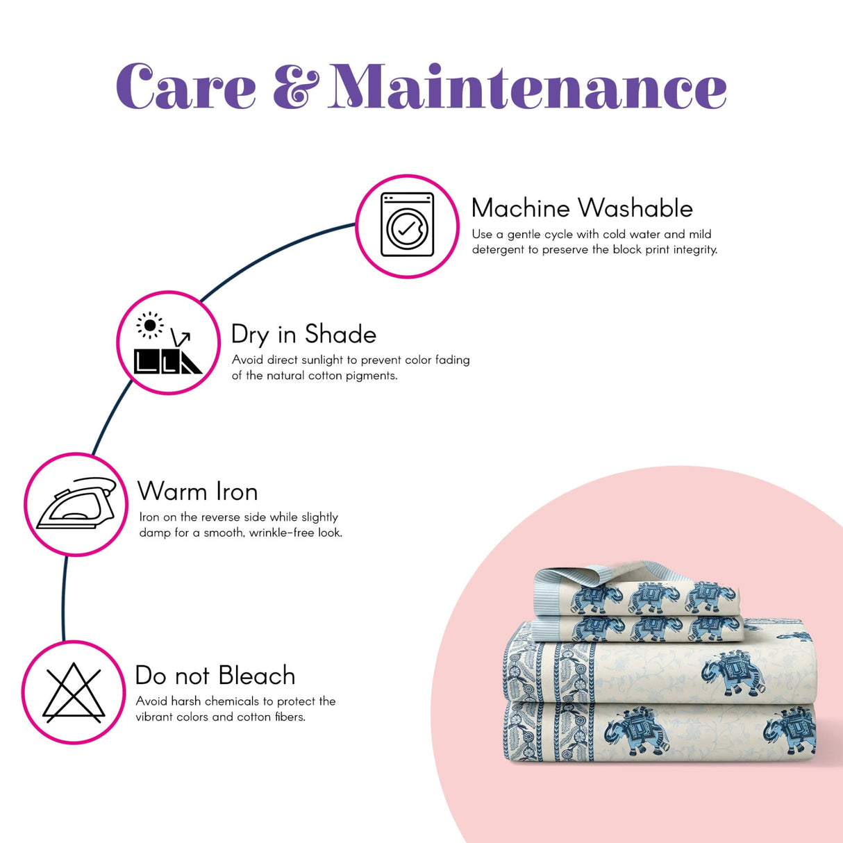 Stacked 100% cotton sheets with Indian royal elephant block print