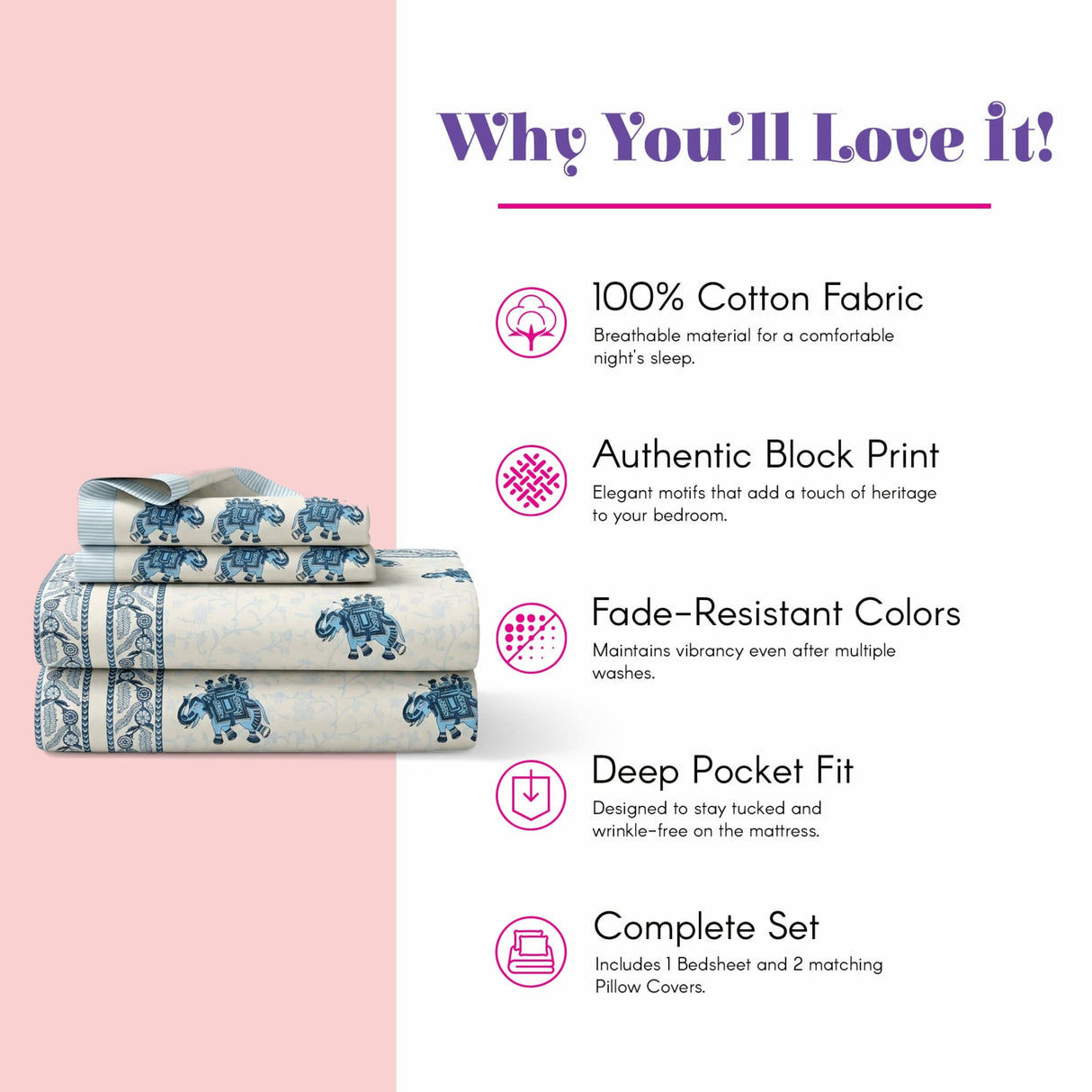 Cream-colored 100% cotton sheets with blue elephant and paisley block print