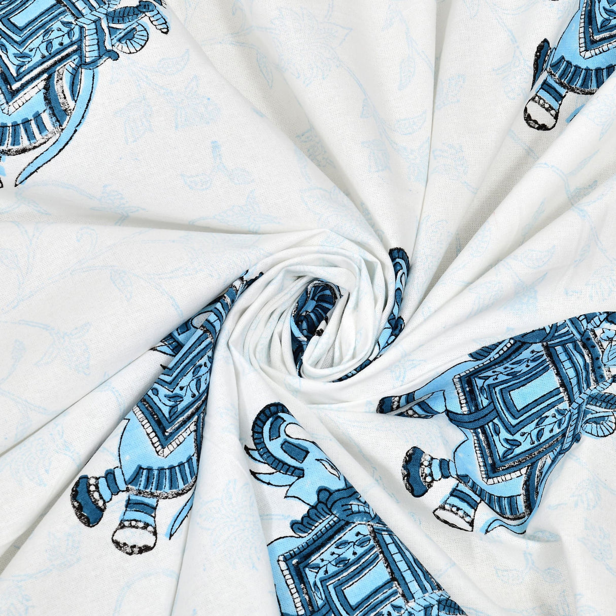 Indian hand block printed cotton sheet with royal blue elephant pattern