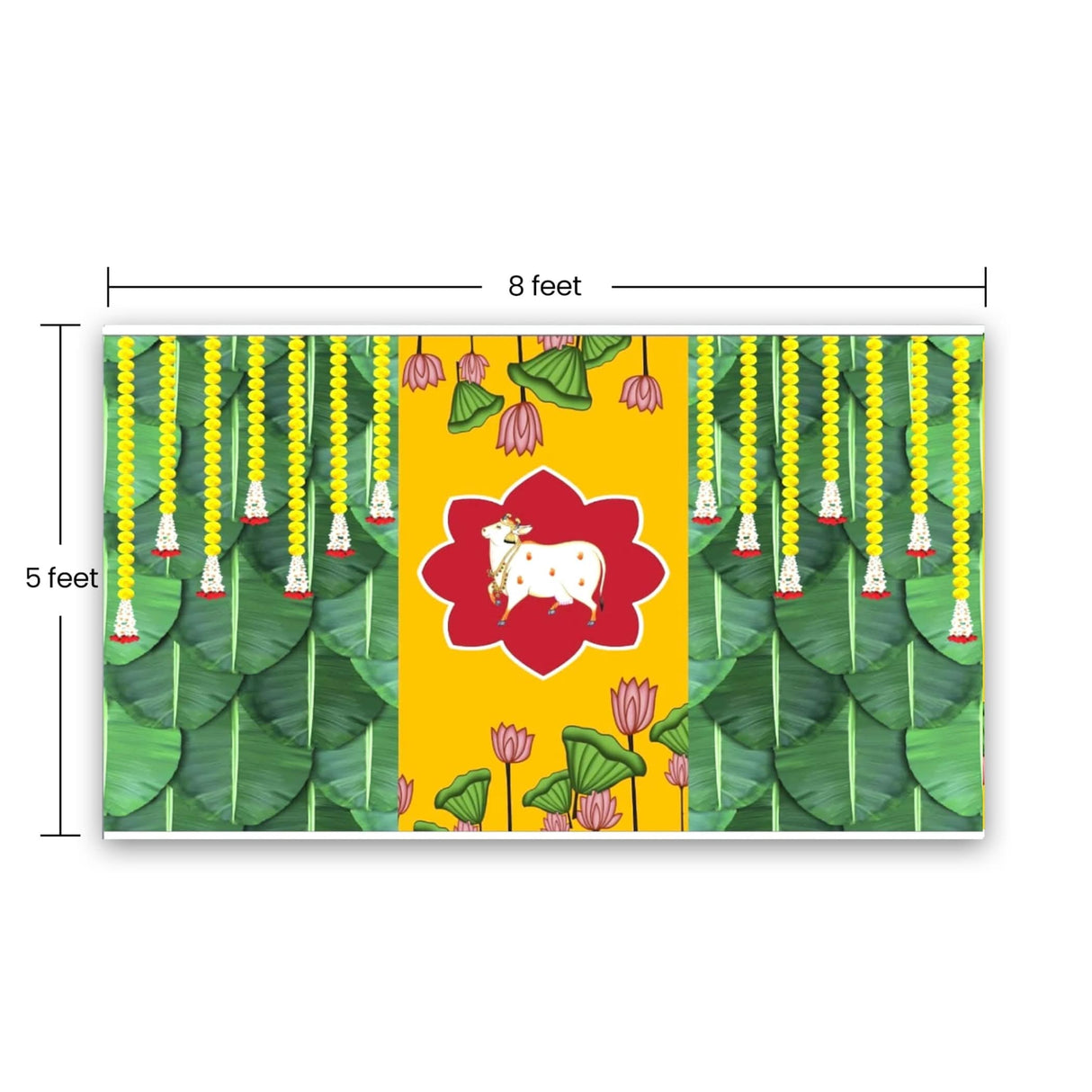 Cow Backdrop with Marigold Design Indian Traditional Cloth 5x8 Feet Backdrop Pooja Wall Decor Indian Wall Art Photo Decor Banner Indian Janmashtami Decor Decorative Pooja Cloth - LoveNspire