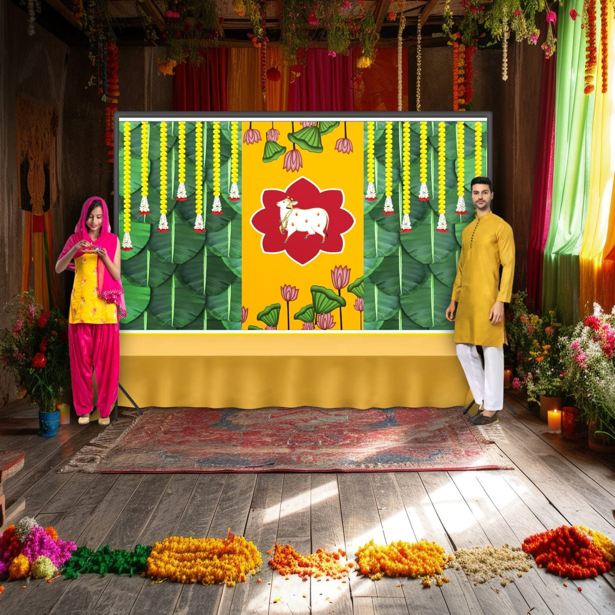 Cow Backdrop with Marigold Design Indian Traditional Cloth 5x8 Feet Backdrop Pooja Wall Decor Indian Wall Art Photo Decor Banner Indian Janmashtami Decor Decorative Pooja Cloth - LoveNspire
