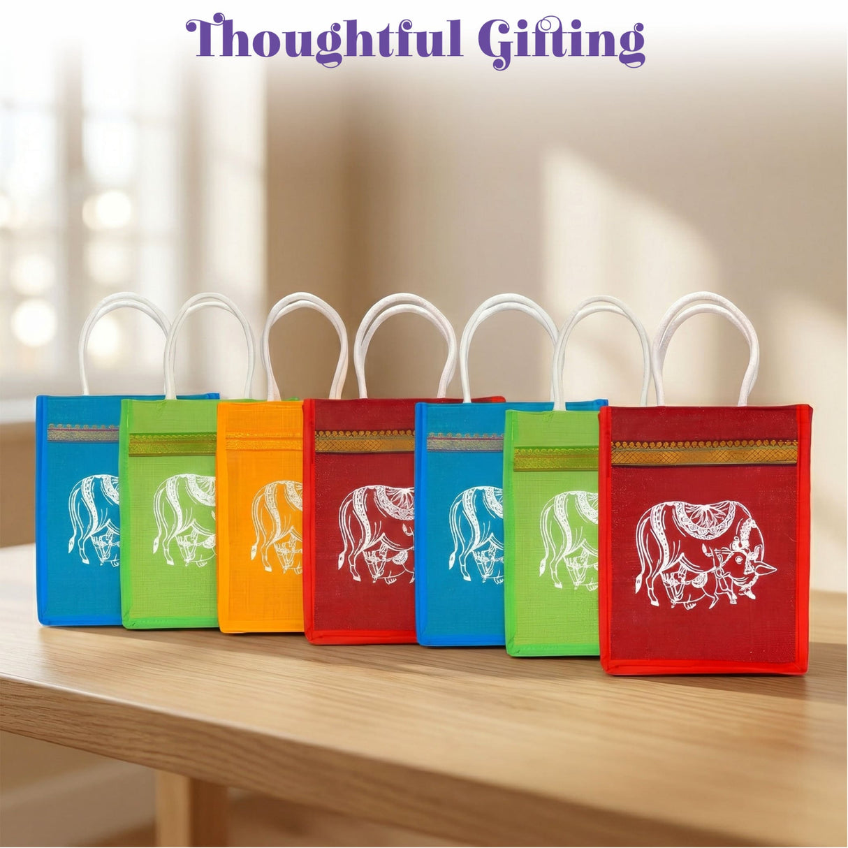 Colorful woven jute gift bags with white elephant designs and gold-trimmed pockets eco-friendly reusable totes