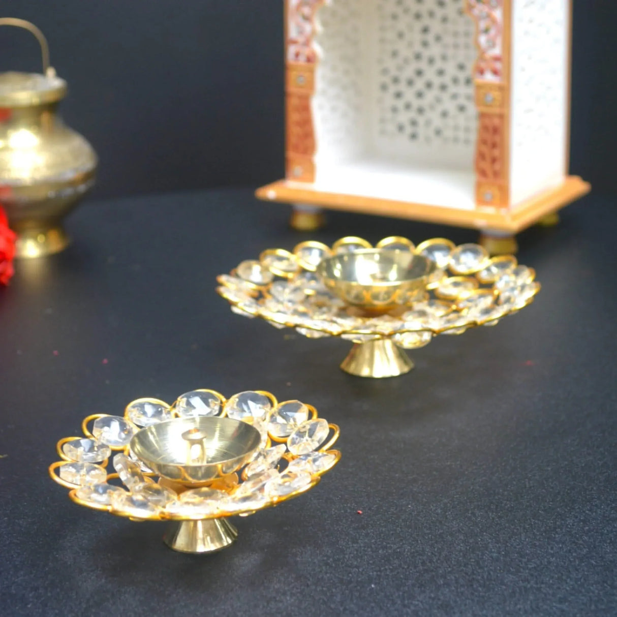 Brass Decorative Diya with Acrylic Glass Floral Design – Diwali Diyas for Puja, Kuthu Vilakku, Home Temple Decor, Deepam, Deepawali Decoration, Lantern, Housewarming Return Gift - LoveNspire