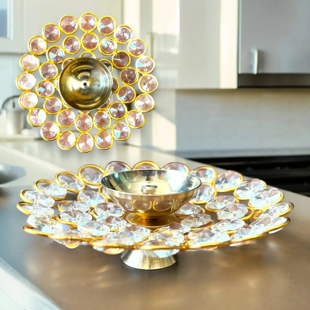 Brass Decorative Diya with Acrylic Glass Floral Design – Diwali Diyas for Puja, Kuthu Vilakku, Home Temple Decor, Deepam, Deepawali Decoration, Lantern, Housewarming Return Gift - LoveNspire